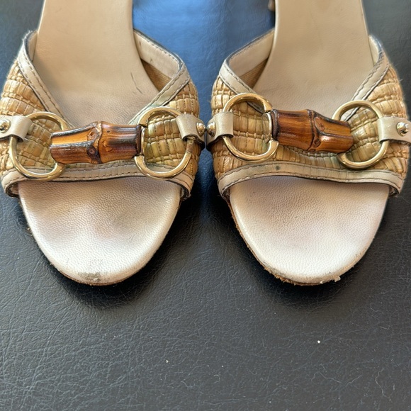 Gucci Brown/Beige Raffia and Leather Bamboo Horsebit Slide Sandals - Picture 6 of 6